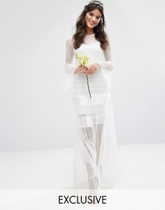 Плиссированное свадебное платье макси с расклешенными манжетами Bodyfrock - Белый