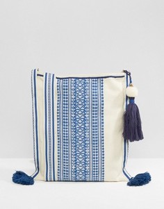 Кремовая сумка через плечо с синей вышивкой и кисточками Star Mela - Мульти