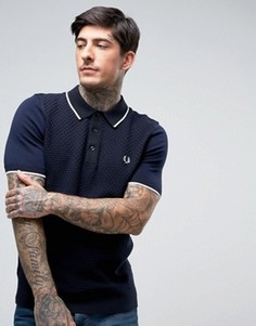 Темно-синее поло узкого кроя с фактурным шахматным рисунком Fred Perry - Темно-синий