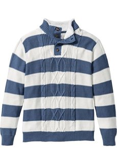 Пуловер Regular Fit с воротником с отделкой из искусственного меха (синий джинсовый/белый в полоску) Bonprix