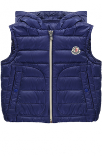 Стеганый пуховой жилет с капюшоном и логотипом бренда Moncler Enfant