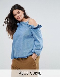 Джинсовый топ с открытыми плечами и оборками ASOS CURVE - Синий