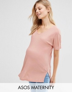 Свободная футболка в рубчик с V‑образным вырезом ASOS Maternity - Розовый