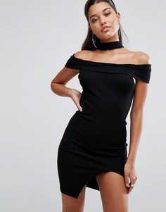 Облегающее платье с открытыми плечами и чокером Parallel Lines - Черный