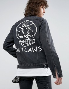 Черная джинсовая куртка с рваной отделкой и принтом на спине Roadies of 66 - Черный