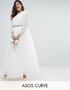 Кружевное платье макси для выпускного с длинными рукавами ASOS CURVE BRIDAL - Белый