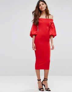 Платье миди с открытыми плечами и пышным рукавом на манжете TFNC - Красный