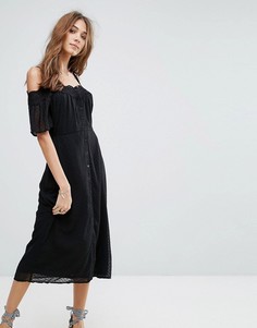 Платье миди с кружевной отделкой и открытыми плечами New Look - Черный