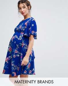 Чайное платье с цветочным принтом и завязкой на спине Queen Bee Maternity - Синий