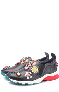 Кожаные кроссовки с цветочной аппликацией Fendi