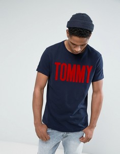 Темно-синяя футболка с бархатистым принтом Tommy Tommy Hilfiger Denim - Темно-синий