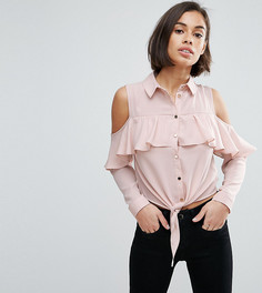 Рубашка из ткани добби с открытыми плечами и оборкой Miss Selfridge Petite - Розовый