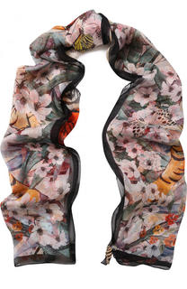 Шелковый шарф с цветочным принтом и брошью Roberto Cavalli