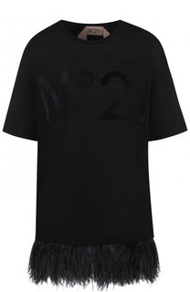 Хлопковая футболка с перьевой отделкой и логотипом бренда No. 21