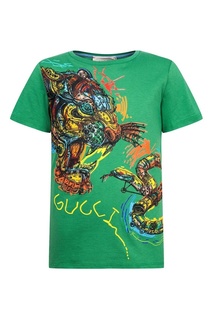 Зеленая футболка с разноцветным принтом Gucci Children