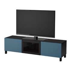 БЕСТО Тумба под ТВ с ящиками и дверцей, черно-коричневый Вальвикен, темно-синий прозрачное стекло Ikea