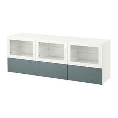 БЕСТО Тумба под ТВ, с дверцами и ящиками, белый, Вальвикен серо-бирюзовый, прозрачное стекло Ikea