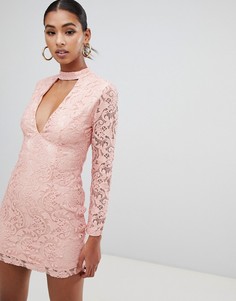 Кружевное платье с длинными рукавами и глубоким вырезом In The Style - Розовый