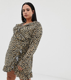 Платье мини с запахом, оборками и леопардовым принтом PrettyLittleThing Plus - Мульти