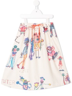 Denim Dungaree sketch print skirt