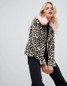 Куртка с леопардовым принтом и розовыми искусственным мехом на воротнике Helene Berman - Коричневый