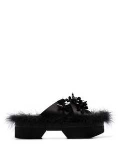 Simone Rocha black 45 feather-trimmed floral-embellished flatform sandals