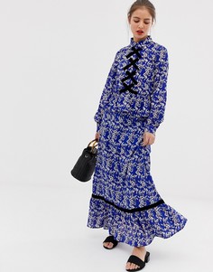 Платье макси с цветочным принтом и контрастной отделкой Vila - Синий