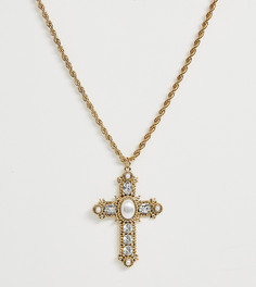 Броское ожерелье с подвеской-крестом и искусственным жемчугом Reclaimed Vintage - Золотой
