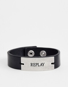 Черный кожаный браслет-манжета с логотипом Replay - Черный