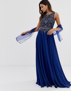 Платье макси с отделкой бисером на лифе Jovani - Темно-синий