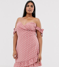 Розовое платье мини в горошек с открытыми плечами In The Style Plus x Dani Dyer - Мульти