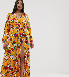 Платье макси горчичного цвета с цветочным принтом и перекрученной отделкой PrettyLittleThing Plus - Мульти