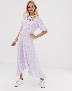 Платье миди с цветочным принтом, пуговицами спереди, асимметричным краем и завязкой на вороте Ghost - Фиолетовый