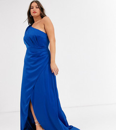 Ярко-синее атласное платье макси на одно плечо Chi Chi London Plus