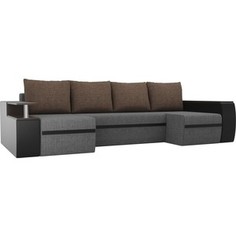 П-образный диван АртМебель Ричмонд рогожка серый/экокожа черный подушки рогожка коричневый