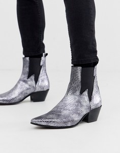 Серебристые ботинки челси на кубинском каблуке в стиле вестерн с эффектом змеиной кожи ASOS DESIGN