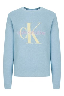 Голубой вязаный свитер с вышивкой Calvin Klein Kids