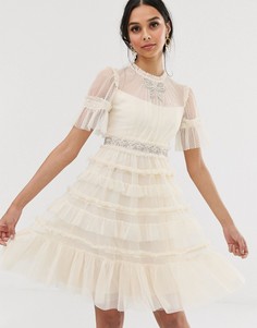 Кремовое декорированное платье миди с бантиком Needle & Thread bridal-Белый