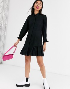 Черное платье-рубашка мини с длинным рукавом Monki-Черный