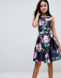 Короткое приталенное платье с цветочным принтом AX Paris-Черный