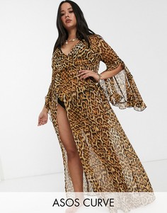 Пляжное кимоно макси с леопардовым принтом, оборками и разрезом ASOS DESIGN curve-Мульти