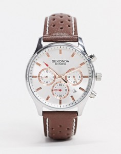 Серебристые наручные часы с коричневым кожаным ремешком Sekonda-Коричневый