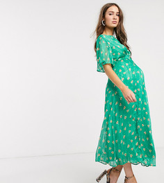 Зеленое платье миди с рукавами клеш и принтом тюльпанов Queen Bee Maternity-Мульти