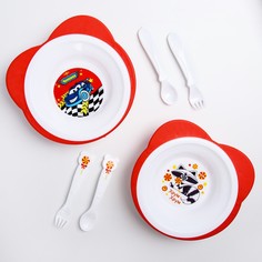 Набор детской посуды: тарелка на присоске 250мл, вилка, ложка, цвет красный уши микс Mum&Baby