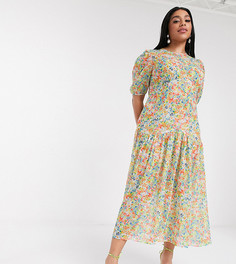 Ярусное платье-трапеция макси с объемными рукавами и цветочным принтом Never Fully Dressed Plus-Многоцветный