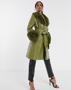 Зеленое пальто миди с завязкой на талии и искусственным мехом Jayley-Зеленый