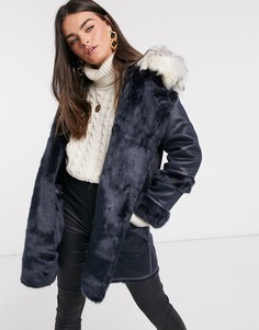 Двустороннее пальто темно-синего цвета из овечьей шерсти и искусственного меха Urbancode Axa-Синий