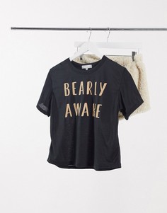 Пижамный комплект черного и кремового цвета с шортами из искусственного меха и принтом "Bearly Awake" Loungeable-Мульти