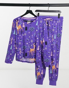 Длинный пижамный комплект с новогодним принтом Chelsea Peers-Голубой