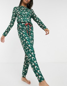 Зеленый пижамный комплект с принтом оленя Рудольфа Loungeable-Зеленый цвет
